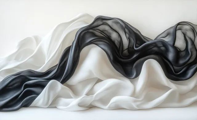 Crumpled black and white silk scarf spread out on a pale surface in an overhead view.