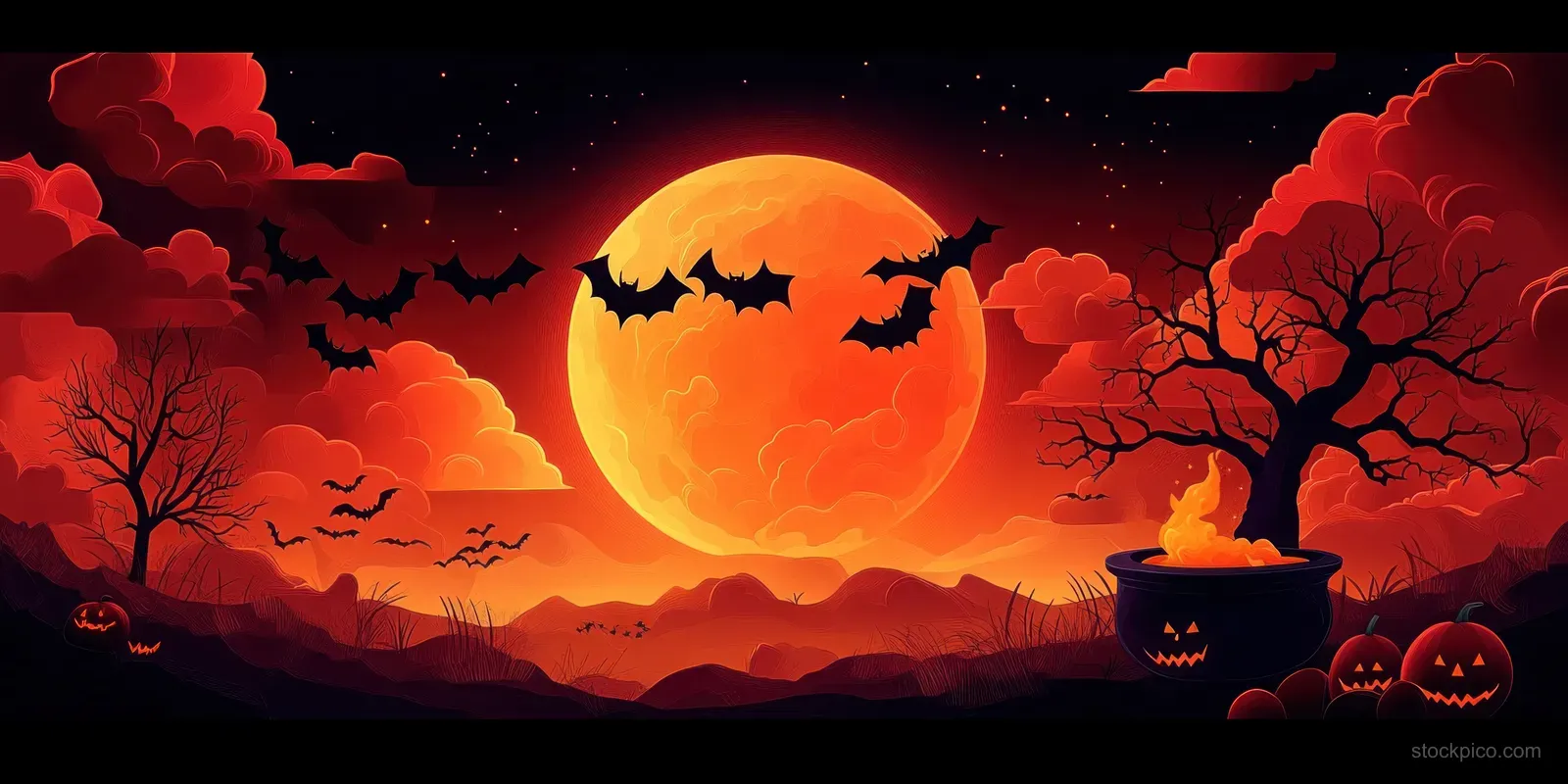 Glowing full moon lights a Halloween landscape with bats, jack-o’-lanterns, barren trees, and a fiery cauldron beneath red clouds.