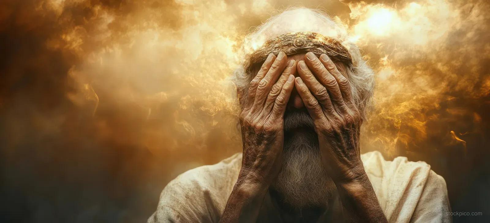 Jesus’ hands hover near a blind man’s face as golden light and swirling dust fill the background.
