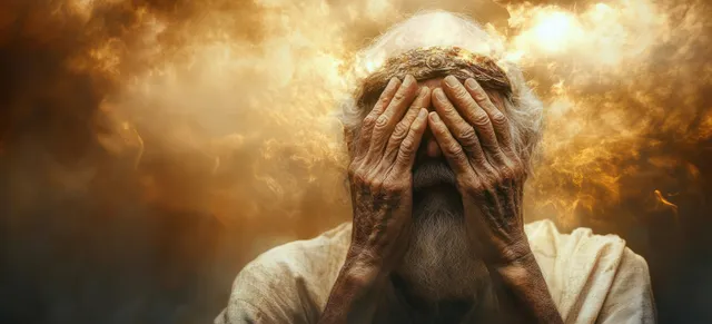 Jesus’ hands hover near a blind man’s face as golden light and swirling dust fill the background.