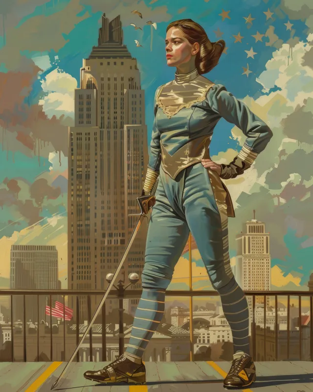 A sabre fencer celebrates victory with iconic American landmarks in the background, showcasing athletic grace and patriotic pride.