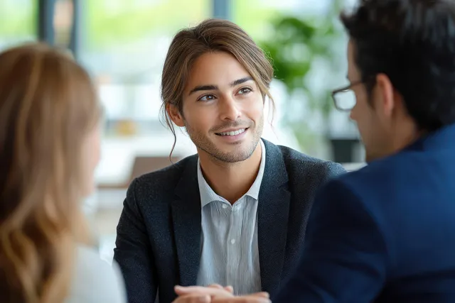 An attorney meets with an elder and family in a softly lit office while discussing inheritance and estate planning documents.