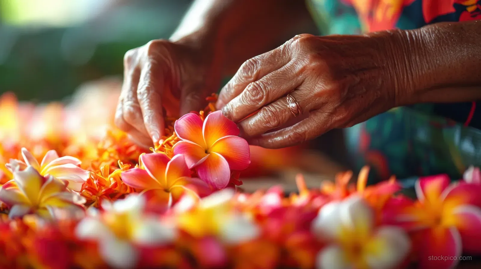 Elderly hands carefully arranging pink and orange plumeria blossoms for a decorative display with blurred flowers behind.