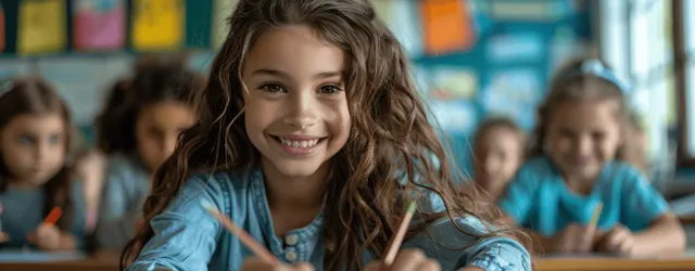 A smiling child draws with crayons at an art table while a teacher and classmates work in the classroom behind.
