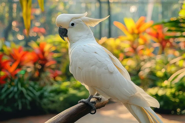 White cockatoo with raised crest perched on a branch in a tropical garden with soft morning sunlight.