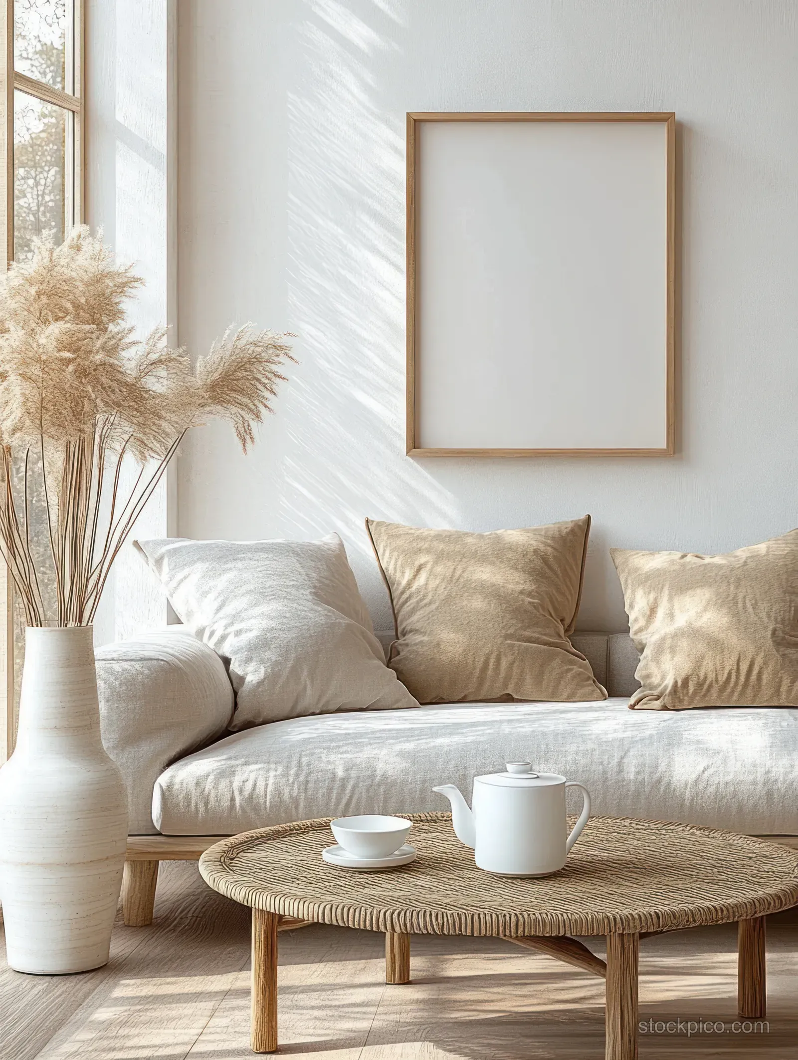 Beige sofa and rattan coffee table with white tea set, dried grass vase, and blank wall in soft daylight.