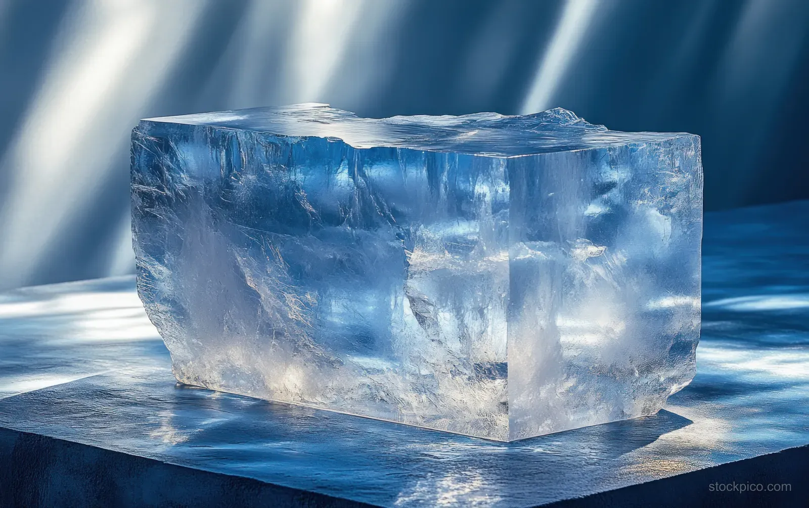 Layered translucent glass block on a minimalist blue stage with soft reflections, shadows, and refraction highlights.