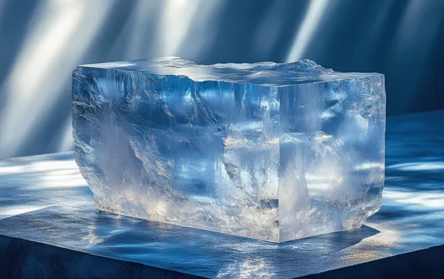 Layered translucent glass block on blue stage with soft reflections and refraction highlights