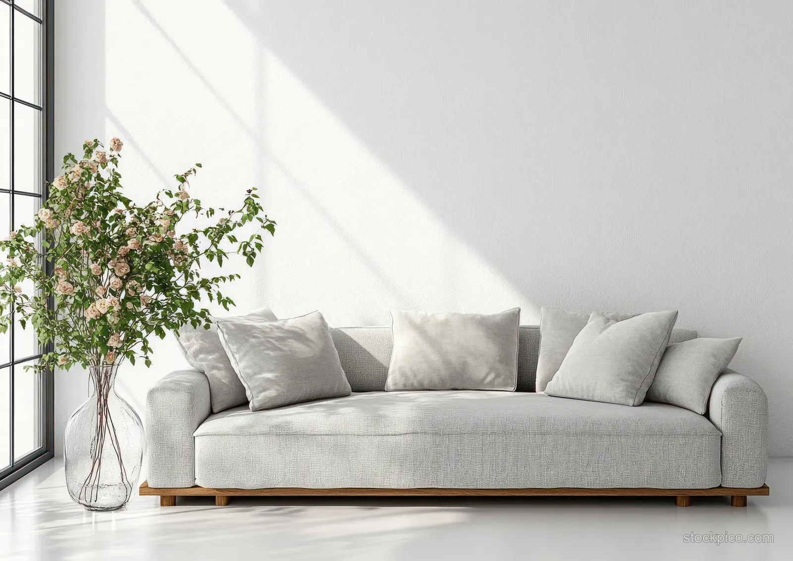 Gray sofa with cushions and a vase of fresh flowers in a bright Scandinavian living room by large windows.