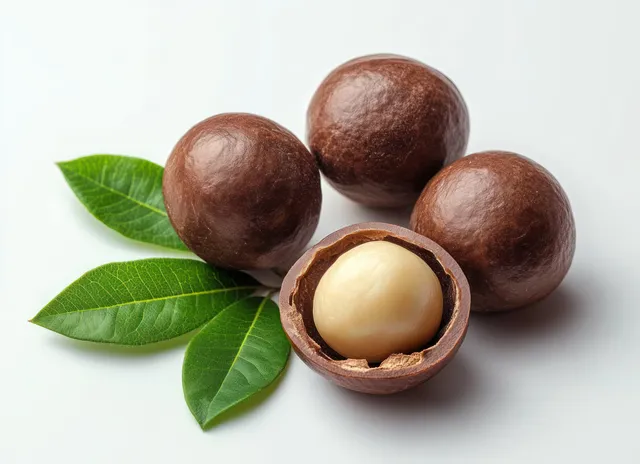 Whole and cracked macadamia nuts with creamy kernels and green leaves arranged on a white background.