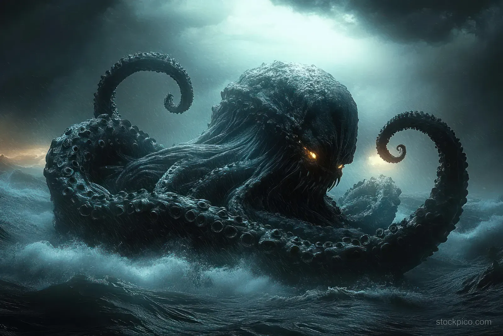 A dark sea monster with glowing eyes and curling tentacles rises from foaming storm waves beneath cloudy skies.