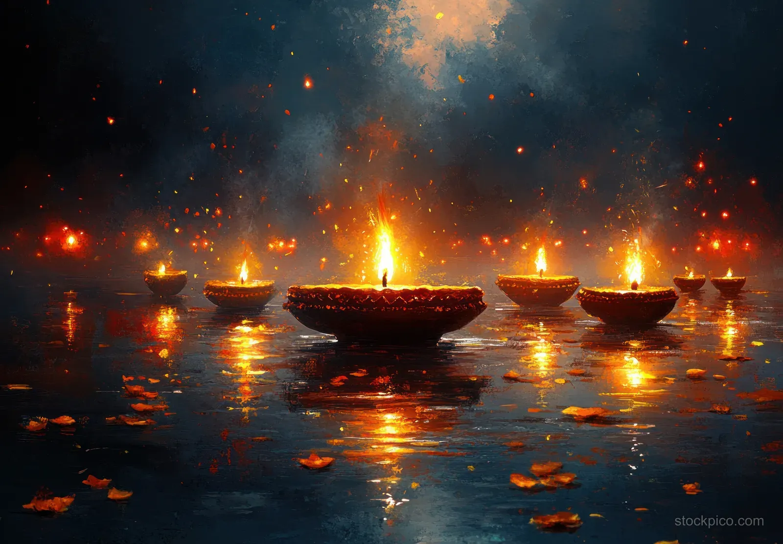 Lit diya lamps glow on dark reflective water during Diwali night with scattered sparks in the air.