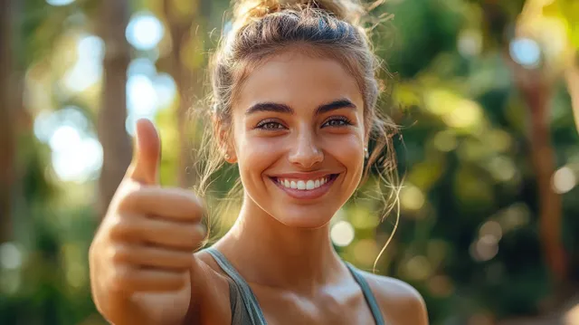 Smiling woman gives thumbs up while jogging in sunlit forest with dappled light