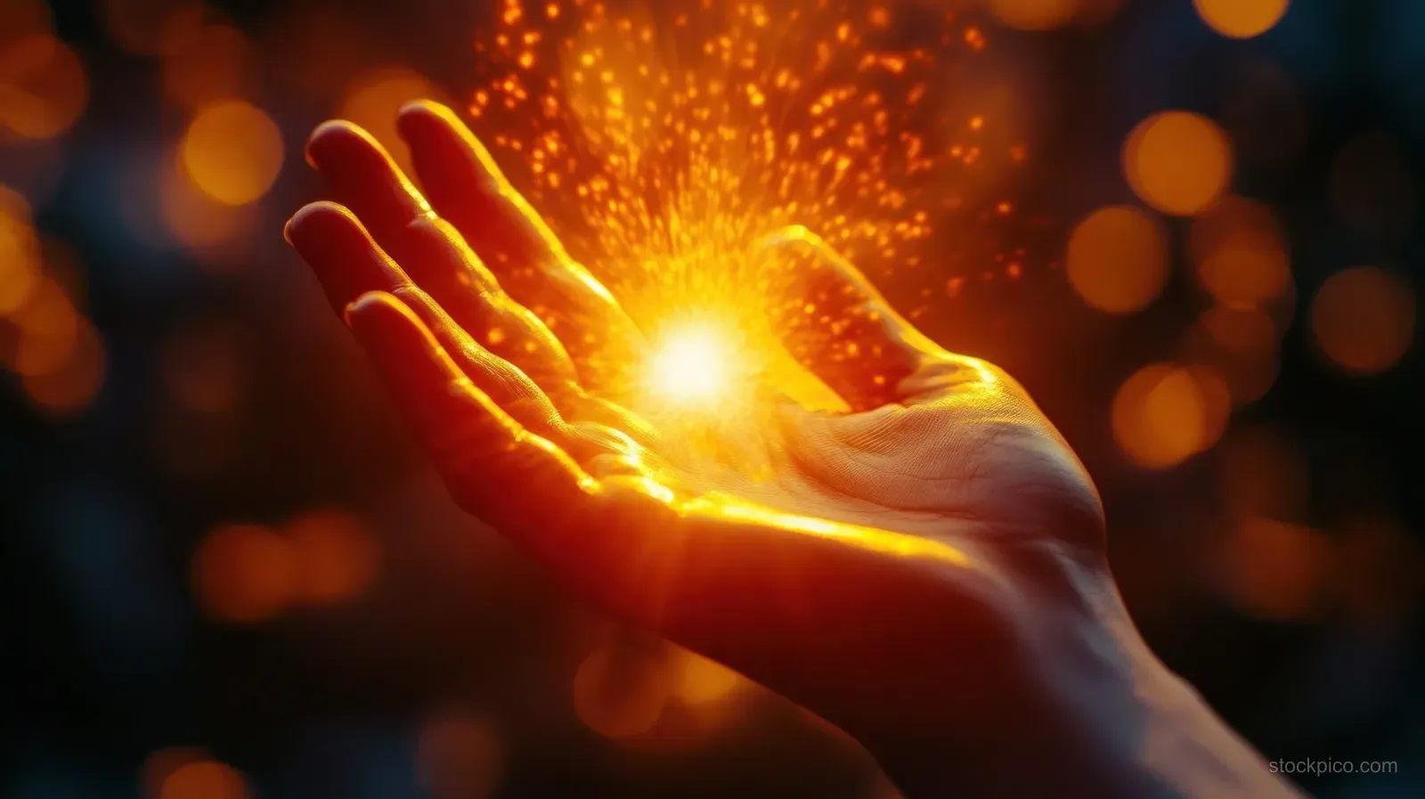 A human hand holds a glowing golden light orb with sparkling particles against a dark background.