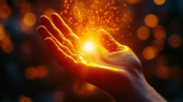 A human hand holds a glowing golden light orb with sparkling particles against a dark background.