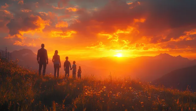 Silhouetted family walking on a grassy hillside as the sunset glows behind distant mountains.
