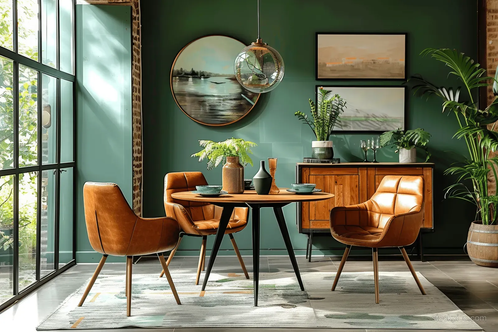 Brown leather armchairs surround a round dining table in a Scandinavian room with a green wall, cabinet, paintings, and plants.