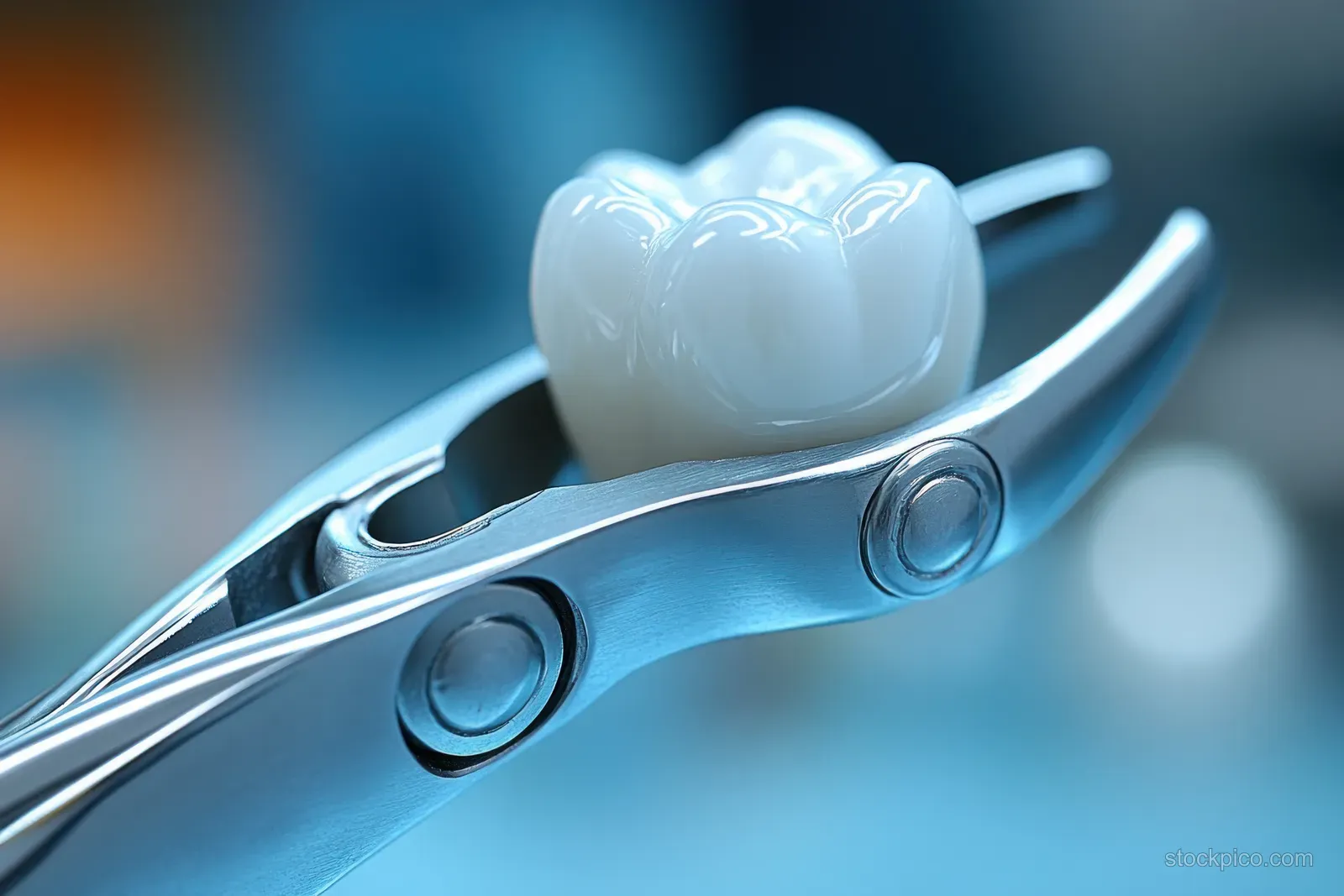 An extracted tooth is held in metal dental forceps above a blurred clinical tray under blue light.