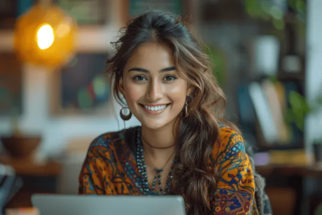 Smiling young Indian woman writes in a notebook beside a laptop at a home office desk.