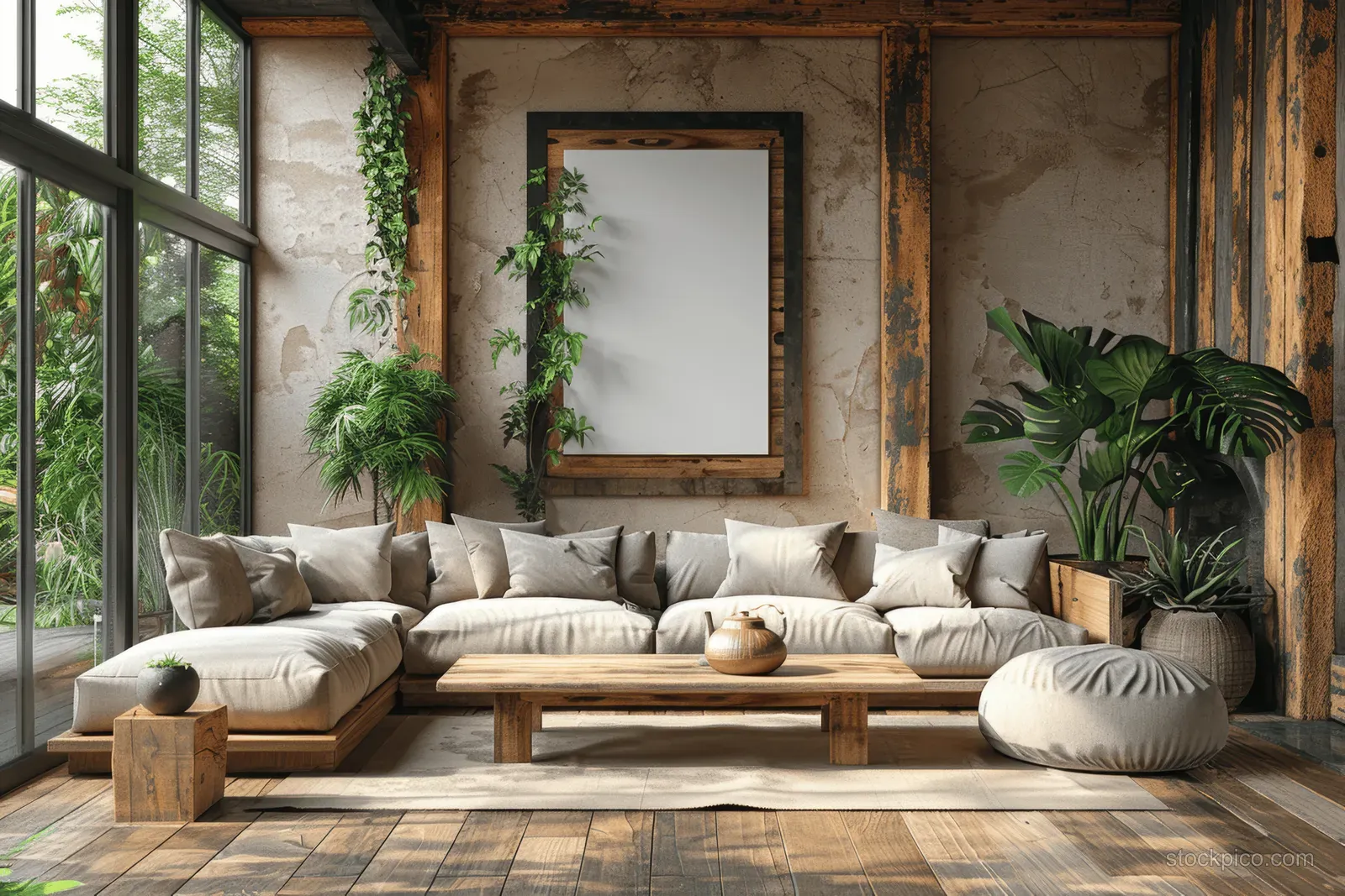 Beige sectional sofa and wooden coffee table in a Japandi living room with indoor plants and warm window light.