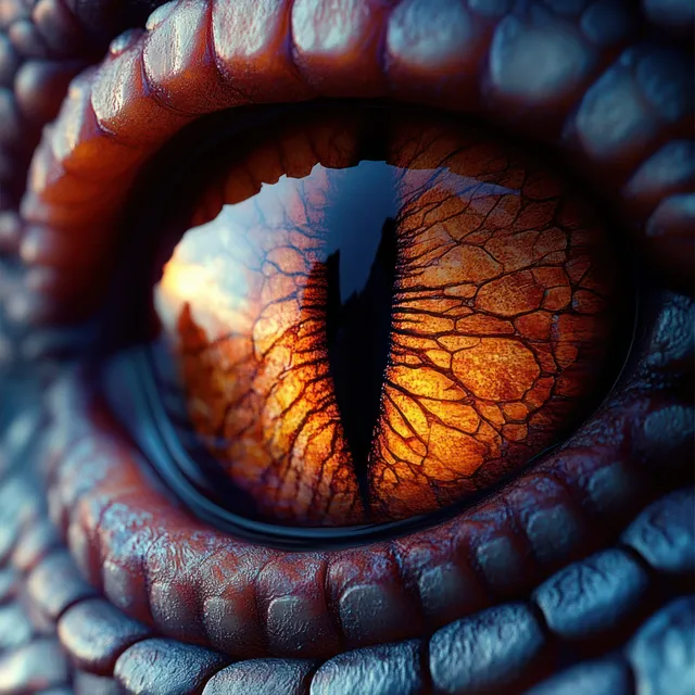 Extreme close-up of a reptile eye with a vertical black pupil, orange textured iris, and surrounding blue-purple scales.