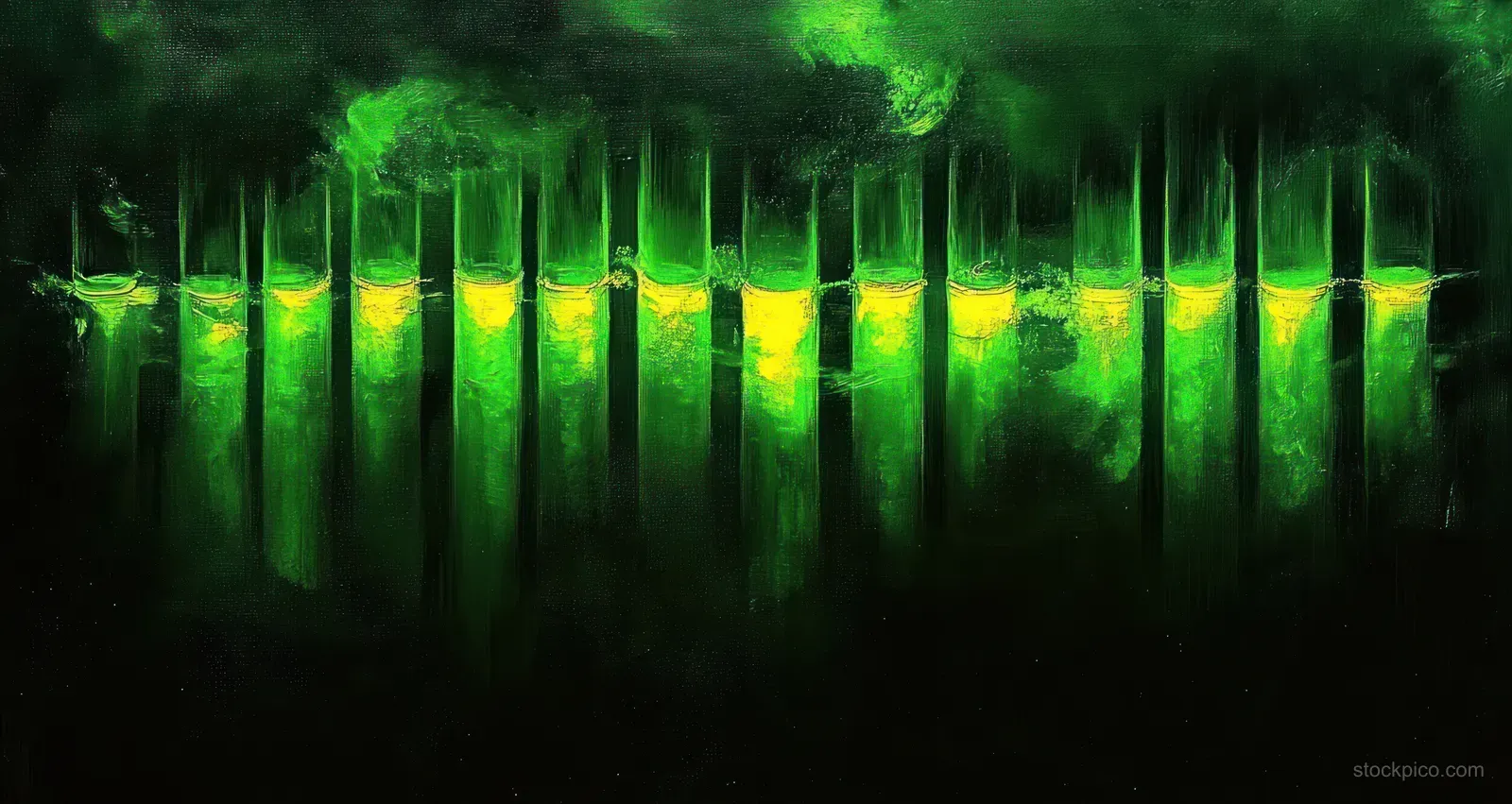 Green glowing test tubes emit yellow light with smoky vapor in a dark laboratory setting.