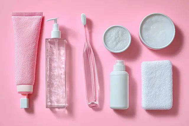 Pink flat lay shows feminine pads, a tampon, soap bottle, and razor with cotton-like swabs on a background.