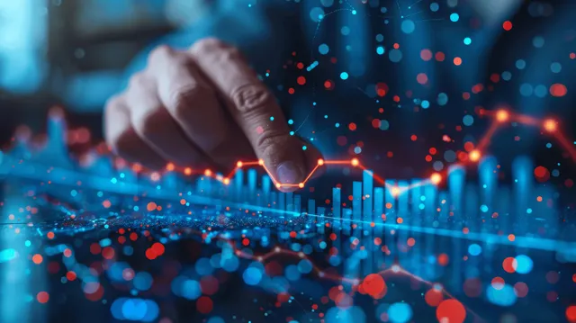 Hand drawing an upward arrow on a financial chart with floating digital data points
