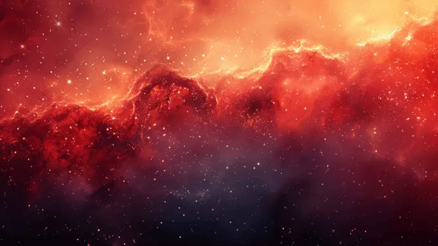 Red cosmic liquid splash with golden star glitter and nebula dust on a dark space background.