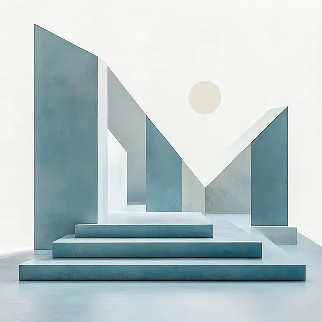 Minimalist geometric display podium with blue stepped stage in bright white studio corner