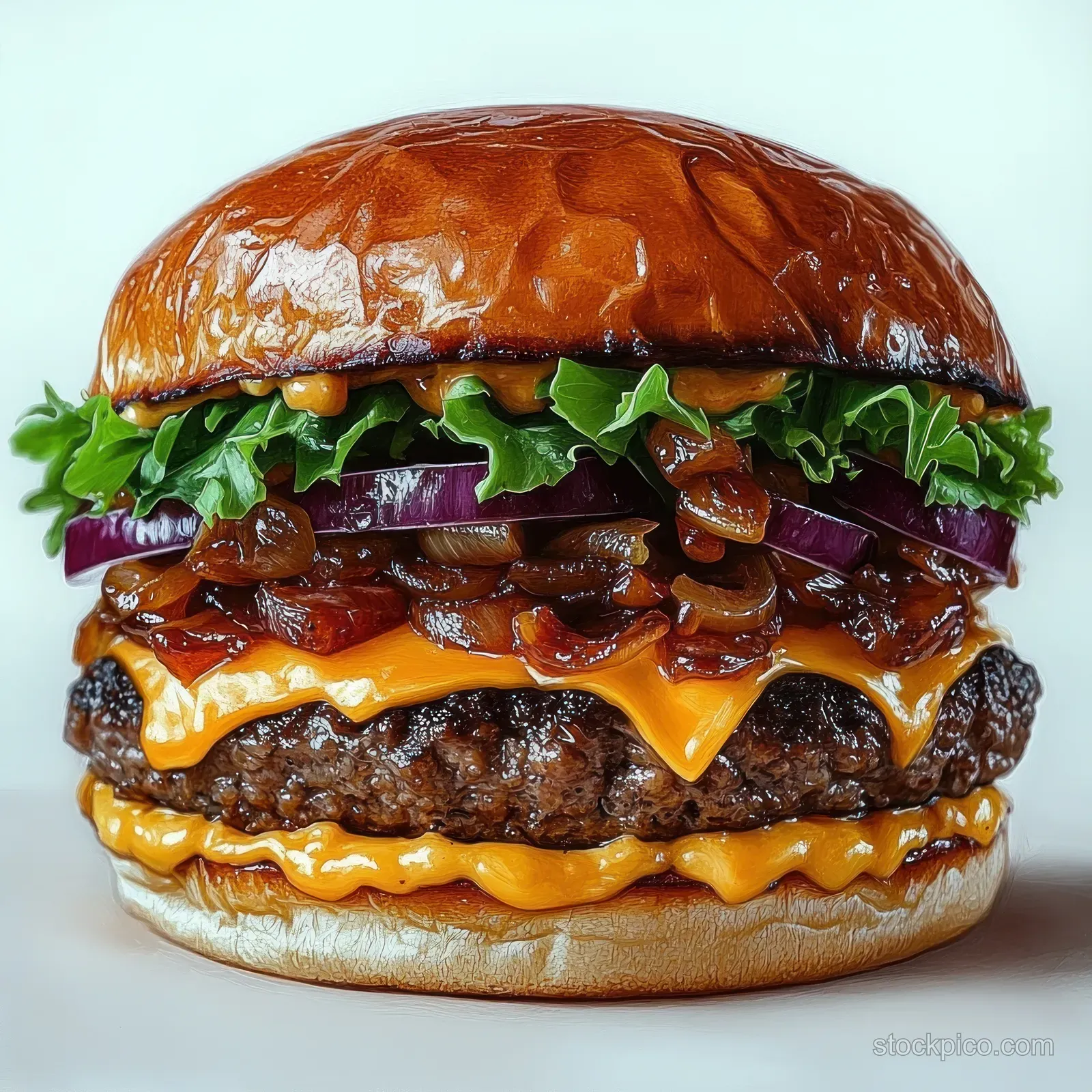 Close-up of a cheeseburger with melted cheese, lettuce, sliced red onions, grilled mushrooms, and a glossy toasted bun.