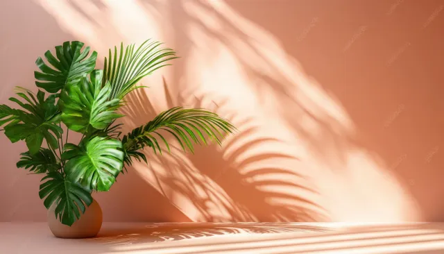 Tropical palm leaves on a small planter stand on a cylindrical podium against a pastel peach background with window shadows.