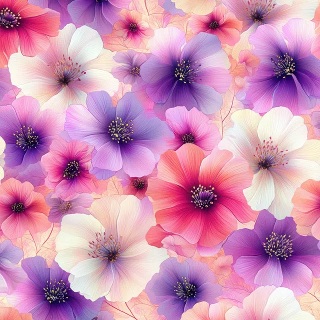 Vibrant floral pattern with purple pink blossoms and creamy petals