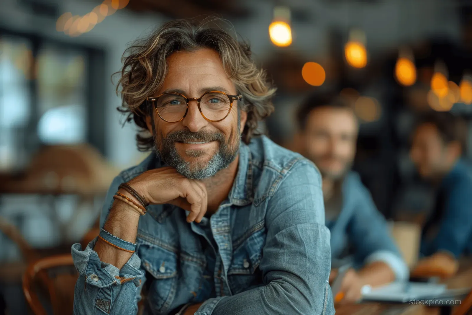 Smiling businessman sits at an office table while coworkers work in a blurred background with warm lights.