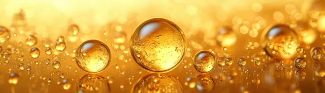 Golden oil droplets suspended in shimmering amber fluid with small bubbles and warm bokeh light.