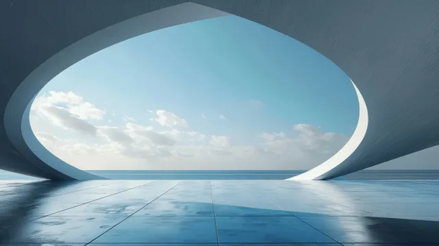 A futuristic concrete terrace in front of a round arch opening showing blue sky and ocean horizon.