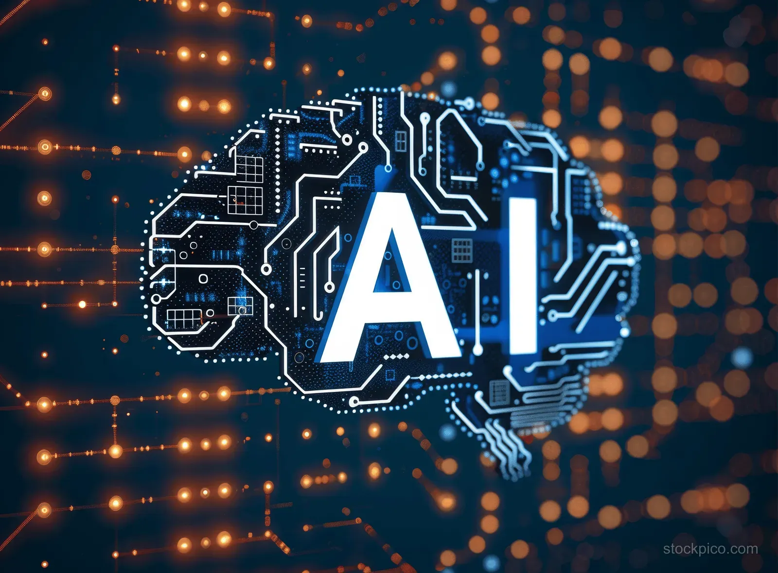 Futuristic circuit brain displays a glowing AI hologram while light bokeh dots float in the background.
