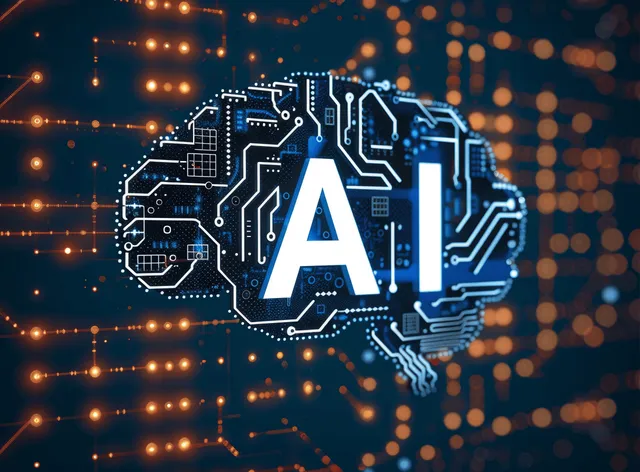 Futuristic circuit brain displays a glowing AI hologram while light bokeh dots float in the background.