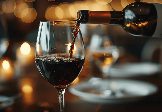 Red wine pouring into an elegant stemmed glass at a candlelit dinner table