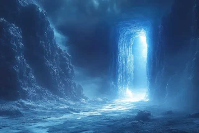 A blue glowing portal opens in a dark void, illuminating misty ground with dramatic chiaroscuro lighting.