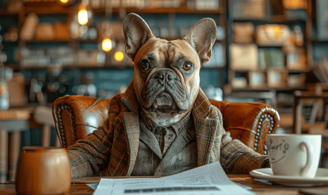 A French bulldog in a suit sits at a modern conference table with documents and a laptop in front.