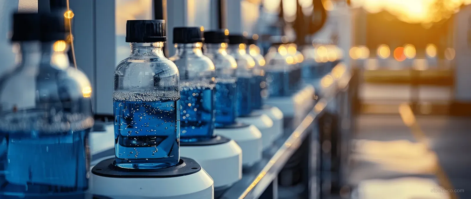 Blue liquid dispenses into glass medicine vials on an automated filling line in a sterile factory.