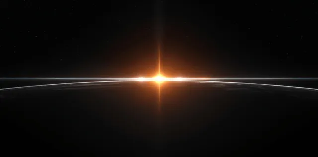 Sun ray burst with lens flare and light leak on black cinematic background