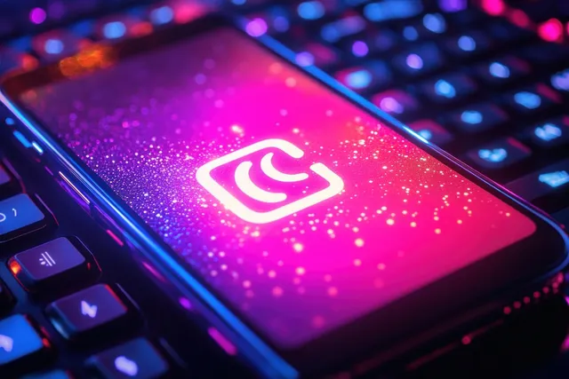Smartphone shows glowing app logo on dark keyboard with neon purple and blue lights