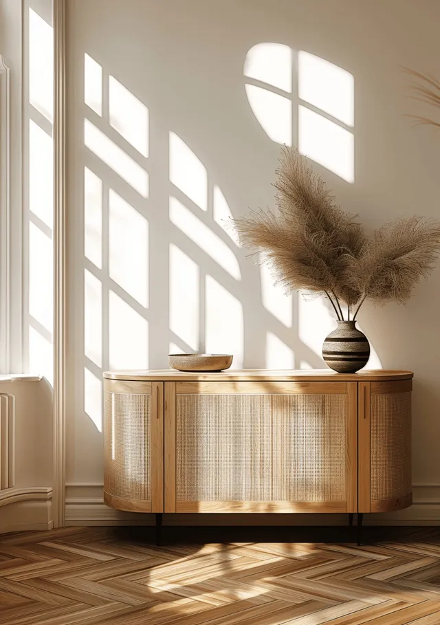 Light wood sideboard with vase and pampas grass in sunlit minimalist room with patterned shadows