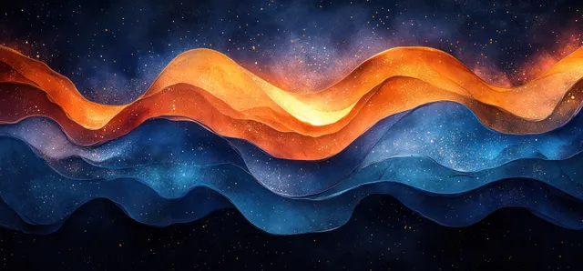 Orange and blue glowing wave ribbons ripple across a starry night sky.