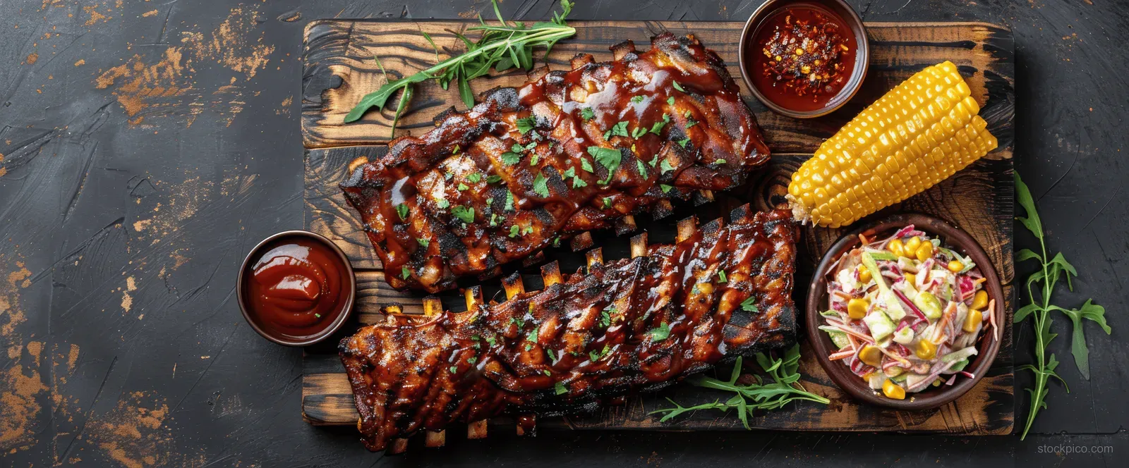 Saucy BBQ pork ribs, coleslaw, and grilled corn arranged on a rustic wooden board from a top view.