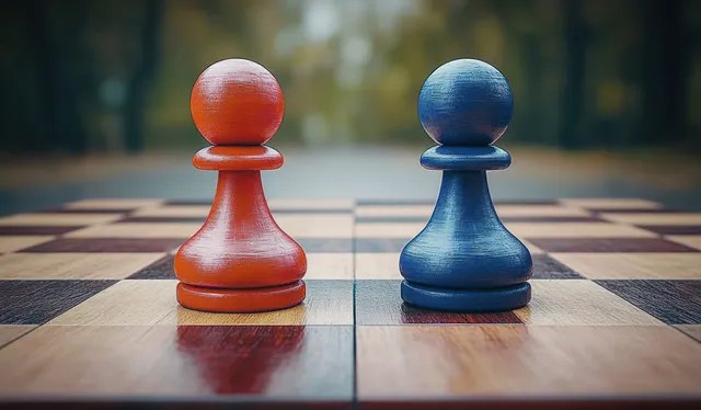 Two colored chess pawns face each other on a split chessboard in a tense geopolitical chess scene.