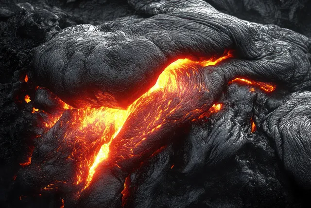 Molten lava glows through cracks in rough black volcanic rock.