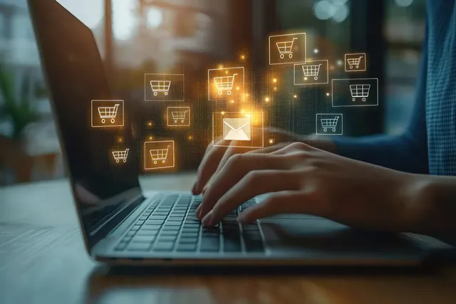 Hands typing on a laptop with glowing shopping cart icons floating over the screen in an office workspace.